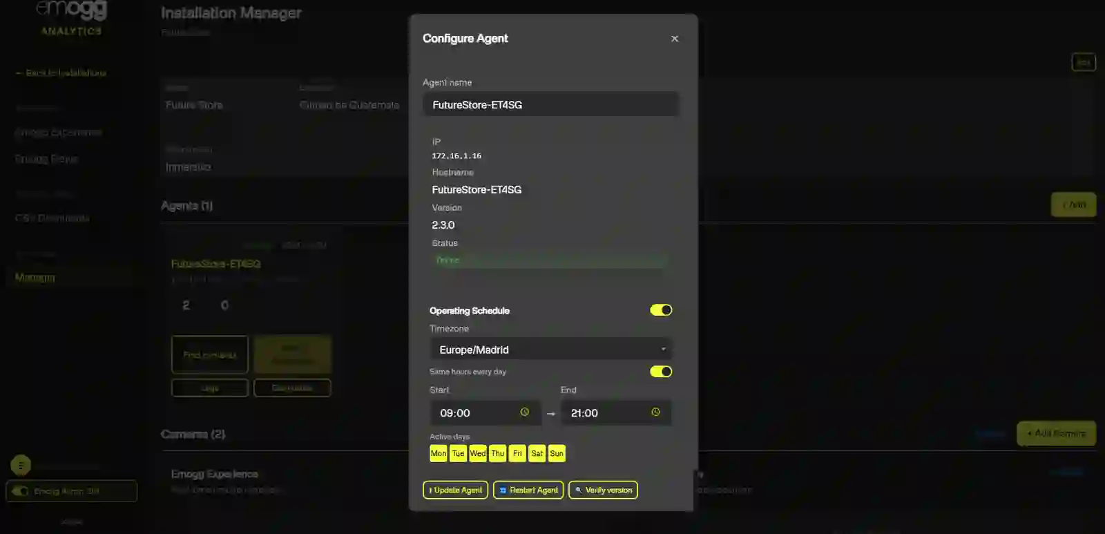 Panel de configuración de Emogg Agent para una instalación permanente